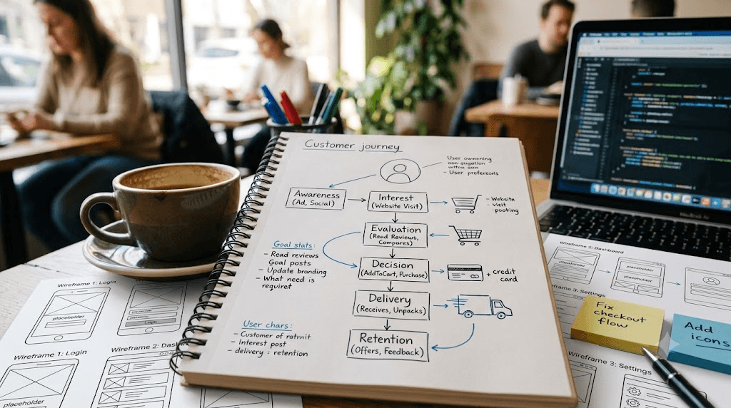 A laptop open to a code editor beside a notebook sketching a customer journey flow, on a café table.
