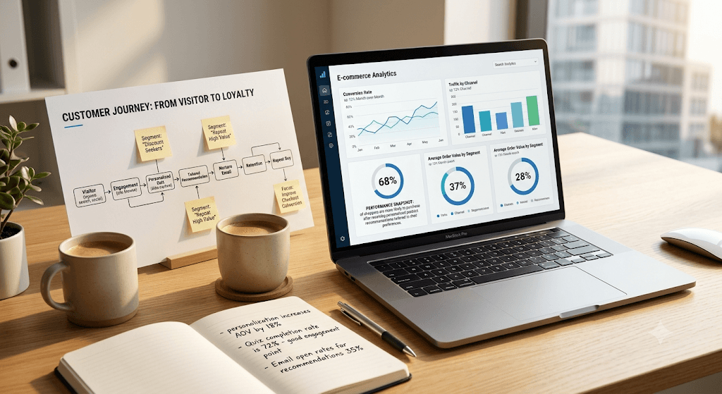 A laptop displaying an e-commerce analytics dashboard with conversion rate and traffic-by-channel charts.