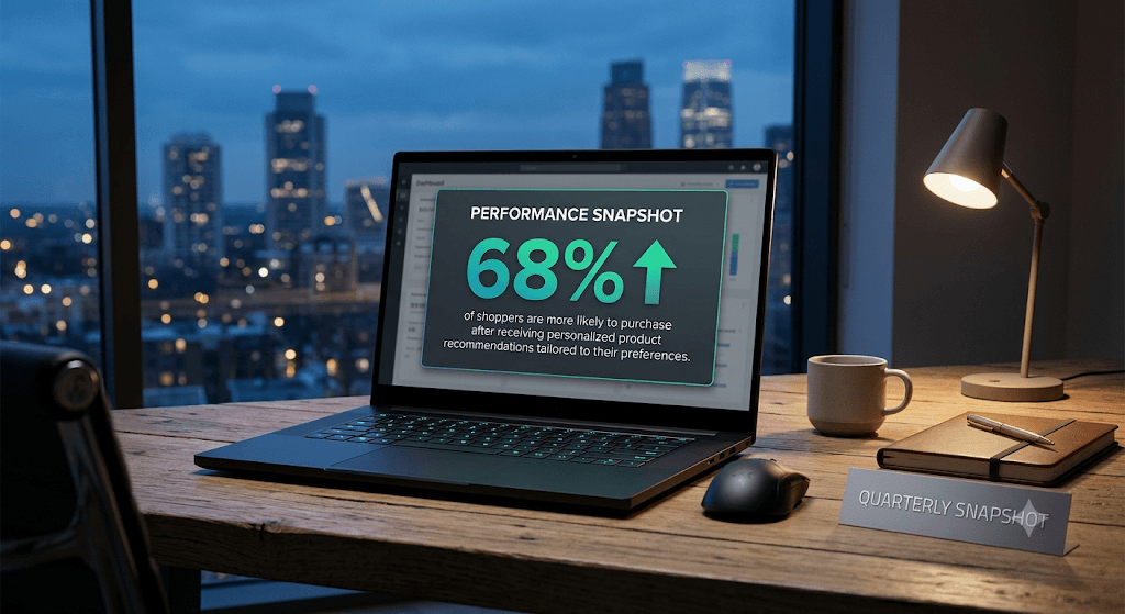 A laptop on a desk at night displaying a performance snapshot dashboard showing a 68% increase, with a city skyline in the background.