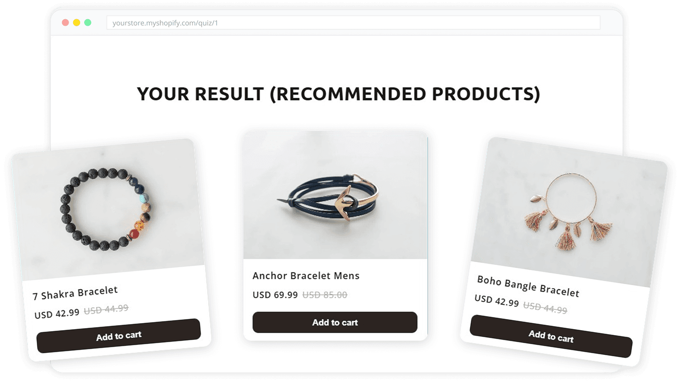 AI SalesQ product recommendations on a quiz result page