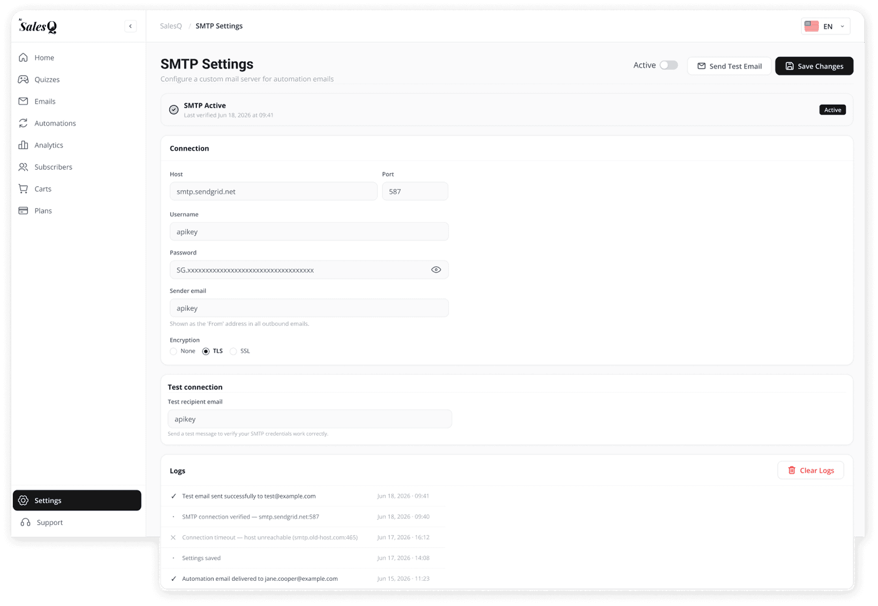 AISalesQ SMTP settings screen