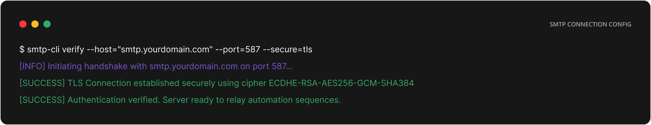 Terminal output verifying the SMTP connection