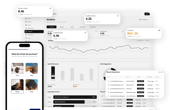 AiSalesQ quiz builder question editor with drag-and-drop element panel