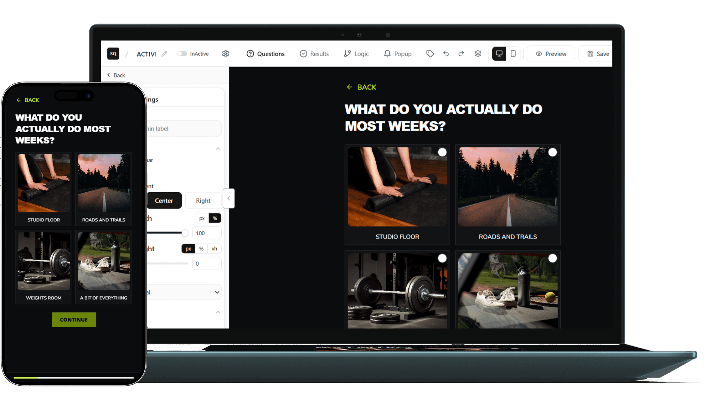AISalesQ dashboard shown alongside a phone running a live product quiz